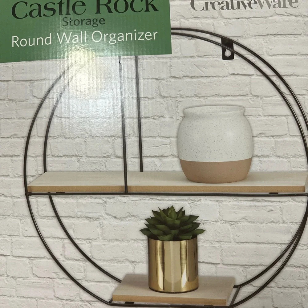 Castle Rock Natural Wood Black Metal Round Shelf Wall Decor